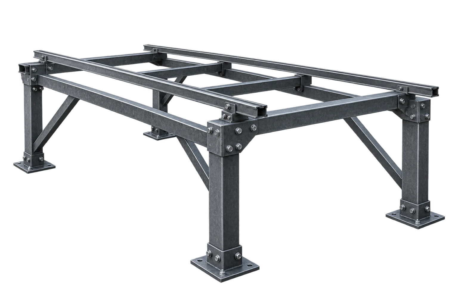 Galvanized structural steel frame with bolted connections, concept visualization