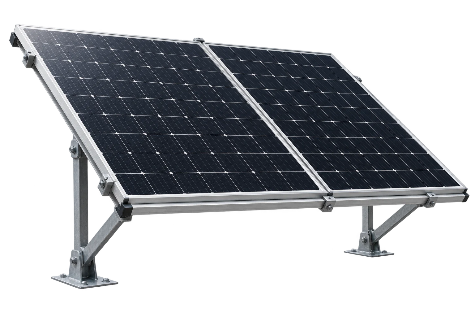 Two solar modules on an engineered metal mounting system, concept visualization
